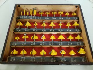 Vtg.  Tool Set Of 35 Pc Router Bits In Wood Case