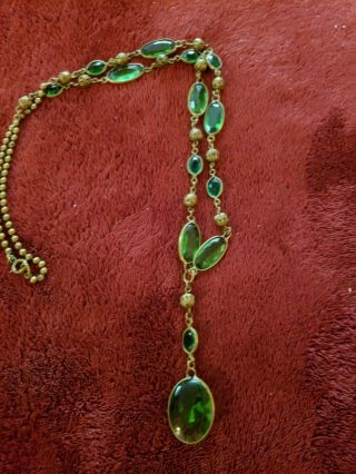 Vintage Art Noveau Lavalier Brass And Green Crystal Glass Necklace