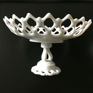 Vintage Westmoreland Milk Glass Compote Bowl Footed Pedestal Open Lace