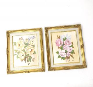 Vtg Shabby Cottage Still Life Pair Roses Pink Yellow Signed Painting Gold Frame