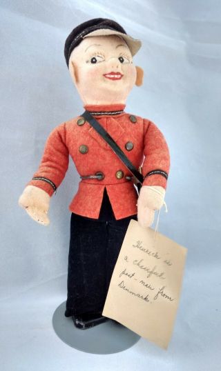 Cloth Doll Fiber Felted Denmark Postman 9” Vintage Mailman W Stand / Holder