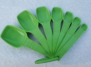 Vintage Tupperware Measuring Spoons Set Of 7 With Ring Green 1272 Complete