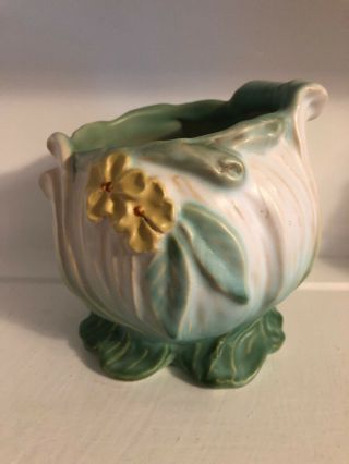Vintage Weller Pottery Roba Green White Yellow Flowers R4 Vase Planter Matte