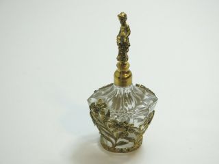 Antique / Vintage Vanity Perfume Bottle With Ornate Cherub Top Ormolu Gilt 7 "