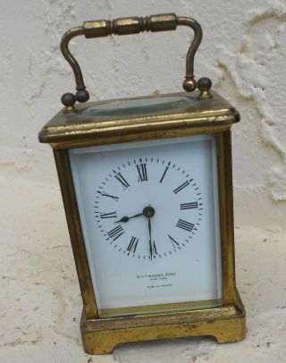 Vintage Miniature French Schumann Brass Carriage Shelf Clock Key Wind