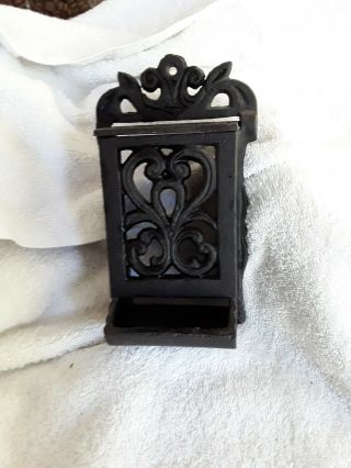 Vintage Black Cast Iron Wall Mount Matchstick Holder With Lid
