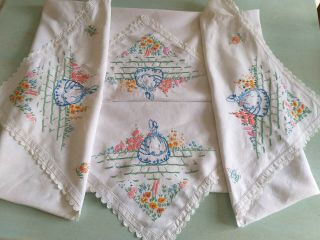 Lovely Vintage White Linen Hand Embroidered With Crinoline Lady Tableloth