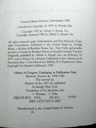 The Second Sex by Simone de Beauvoir (Vintage Books • Paperback • 1989) 5