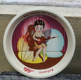 Vtg Rare Mexican 6.  25 " Tin Tray Advertising Betty Boop Lulu Soda Singer & Guitar