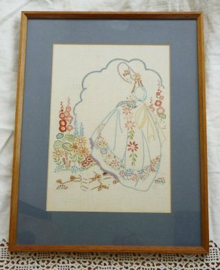 Vintage Embroidered Crinoline Lady Cottage Garden Picture Oak Frame 18 1/2 X 14 "