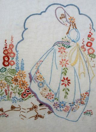 Vintage Embroidered crinoline lady cottage garden picture oak frame 18 1/2 x 14 