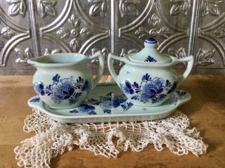 Vintage Delft,  Sugar And Creamer,  Set With Tray,  Blue And White