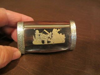 Vintage Antique Wood & Scenic Metal Inlay Tobacco Snuff Box - See Store For More
