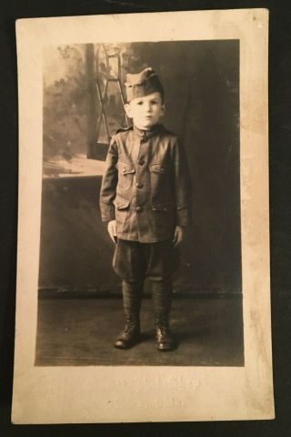 Great Vintage Rppc B & W Photo Of Young Boy In Uniform 3961