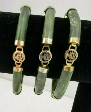 Set Of 3 Vintage Jade Bracelets - Chinese Symbols - Good Fortune - Gold Silver Tone
