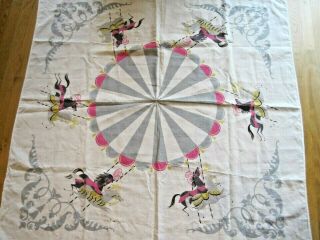 Vintage Linen Tablecloth Carousel Merry Go Round Horses Square Circus Pink Gray