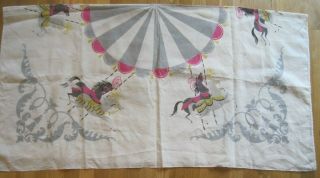 Vintage Linen Tablecloth Carousel Merry Go Round Horses Square Circus Pink Gray 2