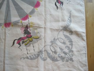 Vintage Linen Tablecloth Carousel Merry Go Round Horses Square Circus Pink Gray 4