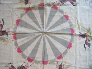 Vintage Linen Tablecloth Carousel Merry Go Round Horses Square Circus Pink Gray 5