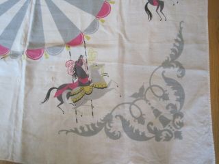 Vintage Linen Tablecloth Carousel Merry Go Round Horses Square Circus Pink Gray 6