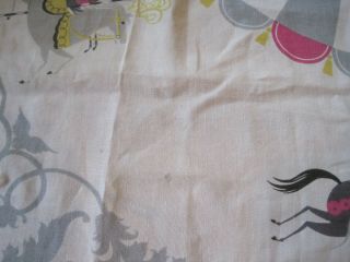 Vintage Linen Tablecloth Carousel Merry Go Round Horses Square Circus Pink Gray 7