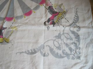 Vintage Linen Tablecloth Carousel Merry Go Round Horses Square Circus Pink Gray 8