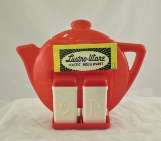 Vintage Red Lustro - Ware Salt Peppers Wall Mount Teapot With Brochure
