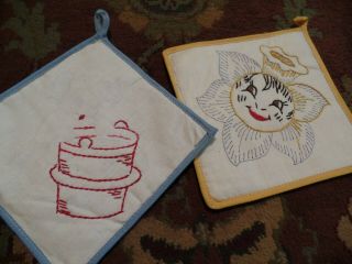 2 Vintage Pot Holders To Finish Embroidering,  Sunflower Face & Puppy Dog