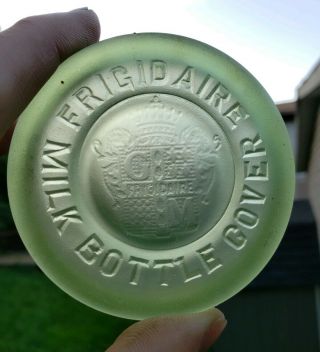 Antique Green Frosted Glass Frigidaire Milk Bottle Cover Cap Vtg Advertising Lid