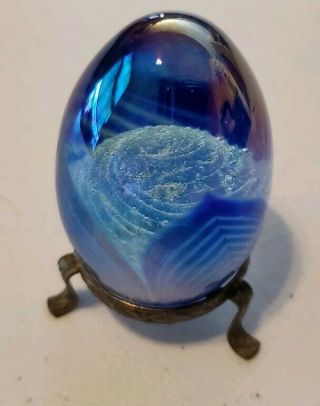 Vintage Obg Ornamental Blown Glass Studio Blue Glass Egg Iridescent Paperweight