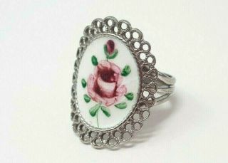 Vintage Signed Beau Sterling Silver Enamel Oval Hand Painted Band Ring Size 5