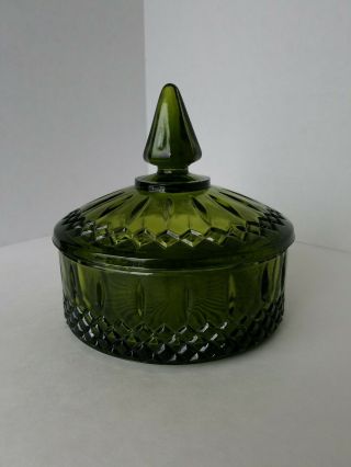 Vintage Green Diamond Design Covered Candy Dish With Lid " Indiana Glass Co.  "