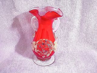 Vintage Glass Vase Fluted Red With Clear Base And Handles Flower Leaf