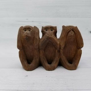 Vintage Wooden Hand Carved 3 Wise Monkeys Figure Hear See Speak No Evil