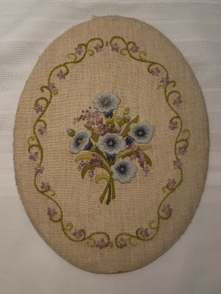 Vintage Oval Crewel Embroidery Hand Stitched Floral Piece W/blue&purple Flowers
