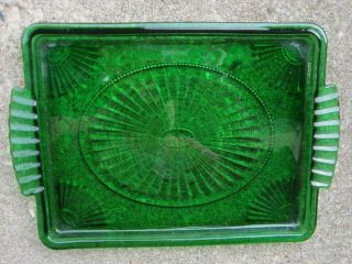 Vintage Emerald Green Glass Tray W Incised Decoration On Bottom 11.  5x8 "
