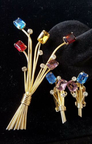 Marvella Vintage Gold Tone Faceted Glass Earrings & Brooch