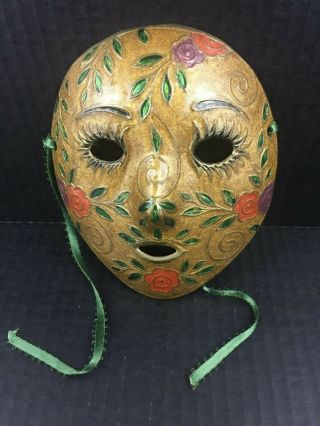 Vintage Brass Enamel Venetian Theater Mardi Gras Decor Wall Hanging Mask 7 "