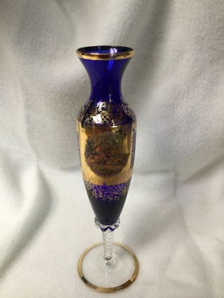 Vintage Cobalt Blue Glass Bud Flower Vase,  Gold Gilt Trim/hand Painted 12” Tall