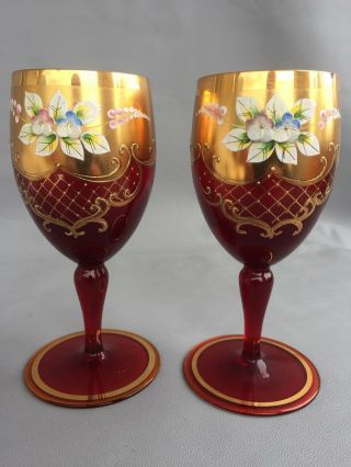 Vintage Bohemian Set Of 2 Wine Glasses Red & Gold