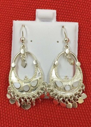 Vtg.  Designer Mws Sterling Silver 925 White Shell Dangle Chandler Earrings