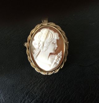 Vintage Italy Gold 375 Shell Cameo Brooch Pendant In Rome Box Italian