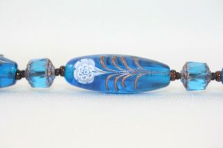 Venetian Murano Vintage Millefiori Blue & White Flower Czech Glass Bead Necklace