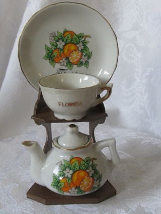 Vintage Florida Souvenir Porcelain Teapot Cup And Saucer With Stand