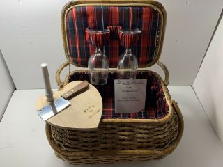 Vintage Wooden Picnic Basket Vermont With Wine Glasses Cutting Board