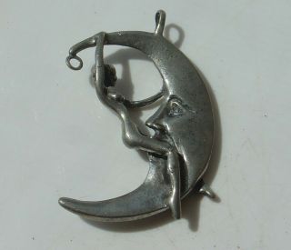 Vtg Silver Tone Pendant Charm Naked Nude Woman Riding Crescent Man In The Moon