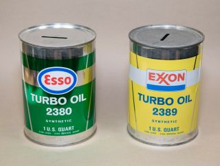 2 Vintage Esso Exxon Turbo Oil Metal Quart Oil Can Banks