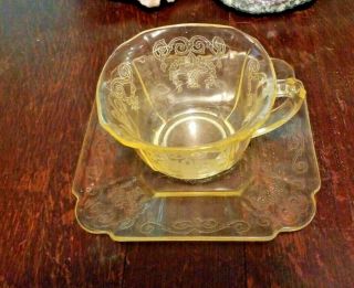 Vintage Lorain Yellow Basket Depression Glass Tea Cup & Saucer Indiana Glass Co.
