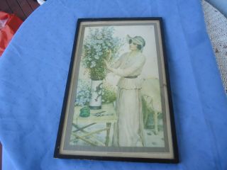 Vintage Print Of Painting Framed Art Deco Lady Michaelmas Daisies W.  H Margetson
