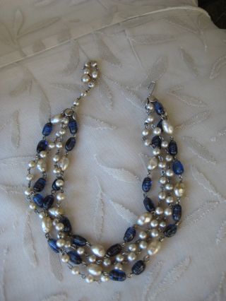 Vintage Star Brand Costume Jewelry 4 Strand Blue Tiger Striped Gems Necklace